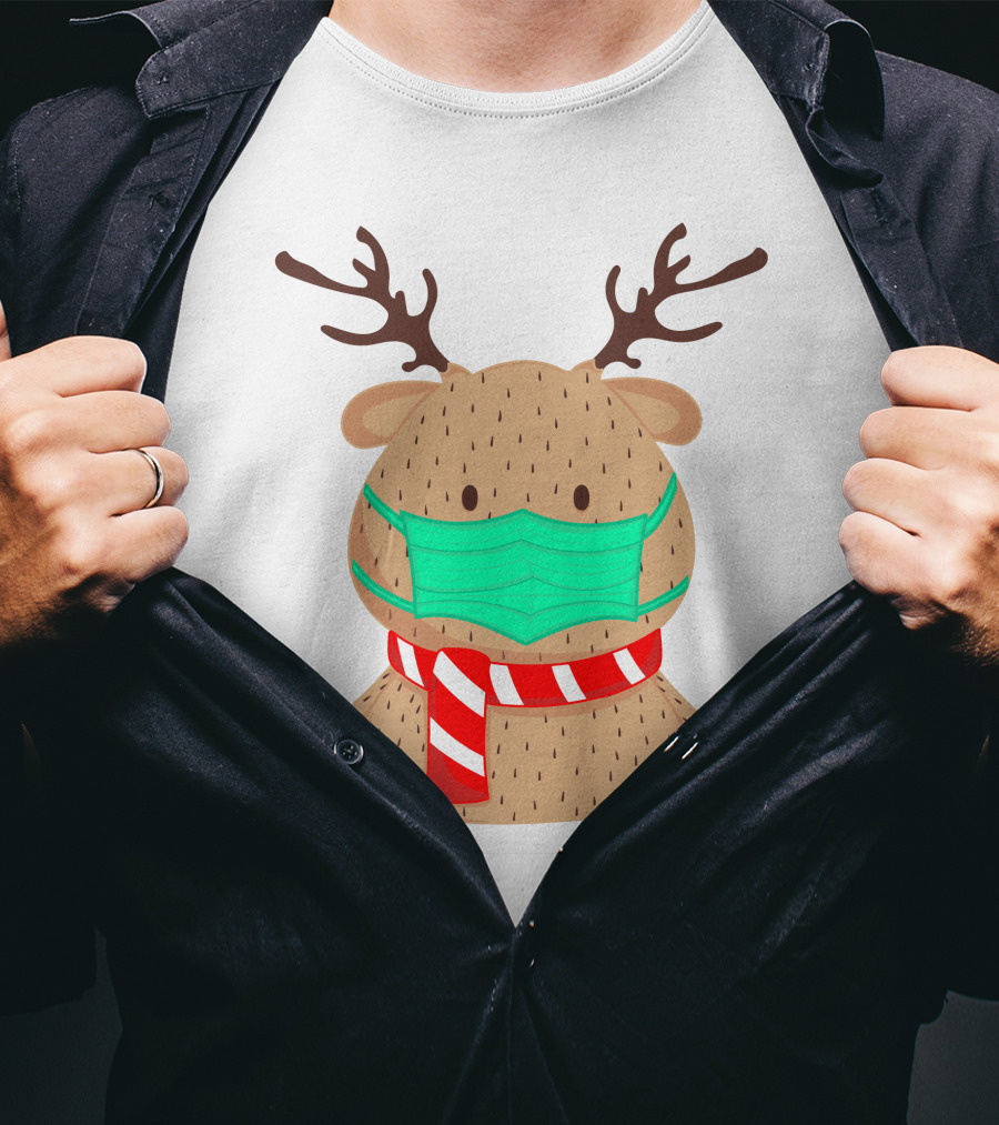 Reindeer Wearing Green Face Mask And Red White Scarf T-Shirt