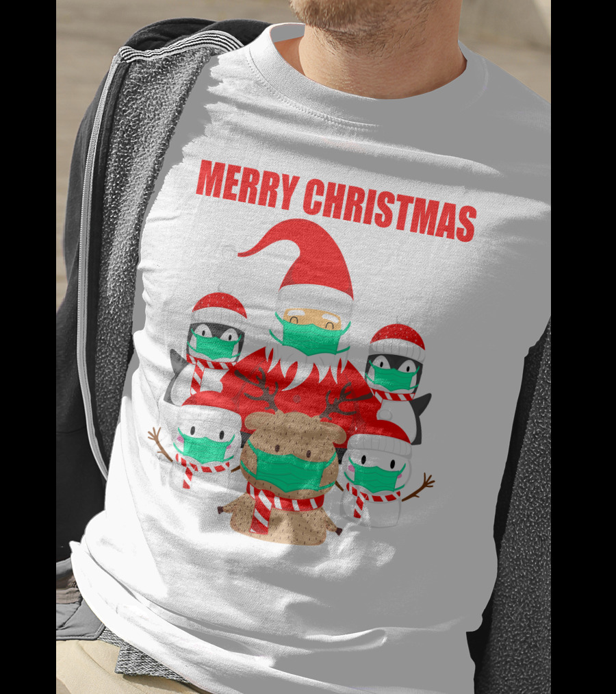 Merry Christmas Santa Deer Penguin Social Distance T-Shirt