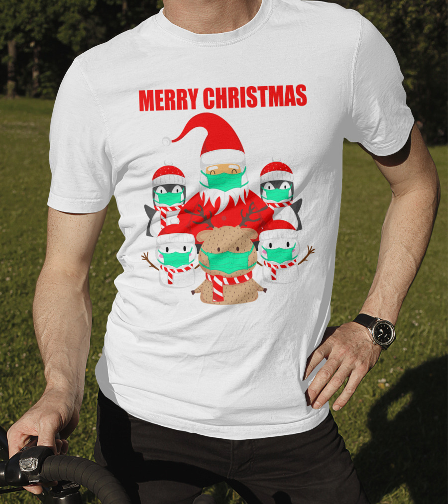 Merry Christmas Santa Deer Penguin Social Distance T-Shirt