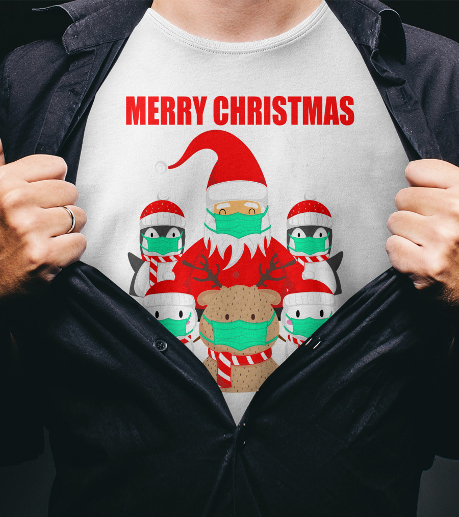 Merry Christmas Santa Deer Penguin Social Distance T-Shirt