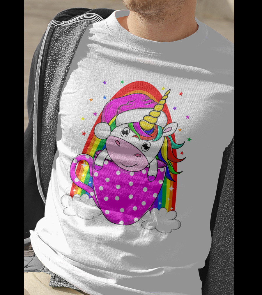 Unicorn Rainbow Santa In Pink Polka Dot Cup T-Shirt