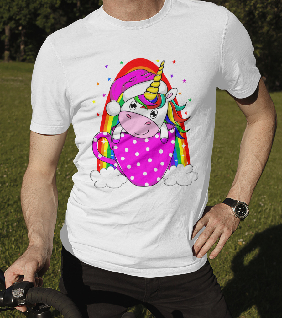 Unicorn Rainbow Santa In Pink Polka Dot Cup T-Shirt