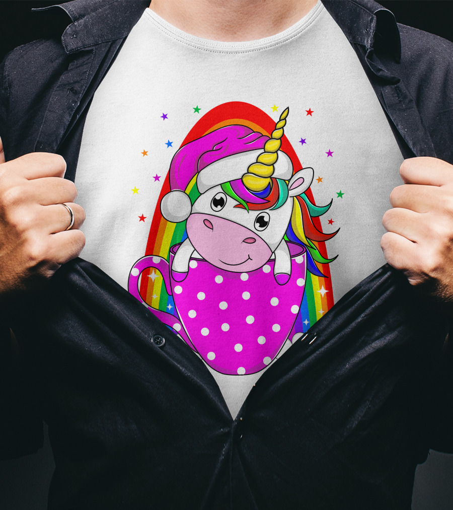 Unicorn Rainbow Santa In Pink Polka Dot Cup T-Shirt