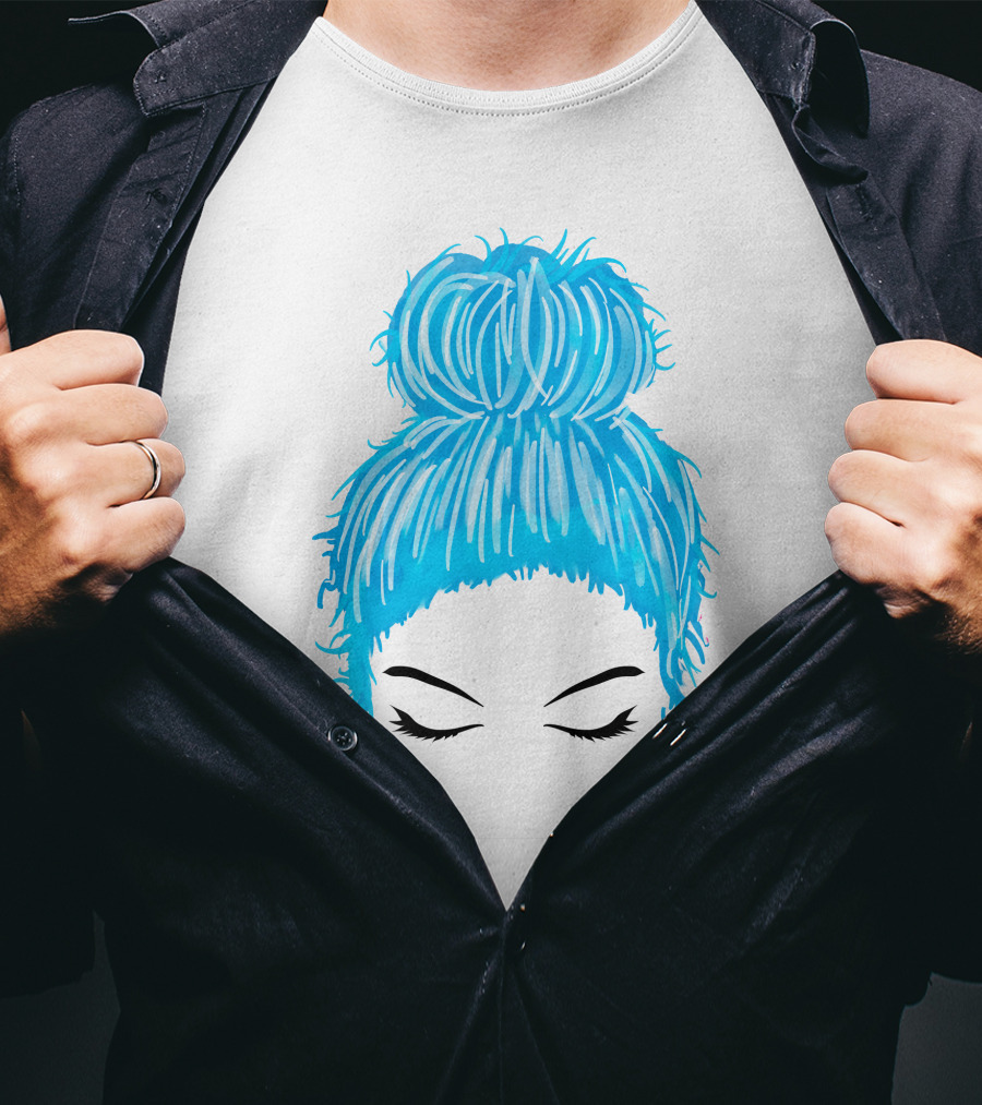 Messy Bun Blue Hair Momlife Trendy Hairstyle Sketch T-Shirt