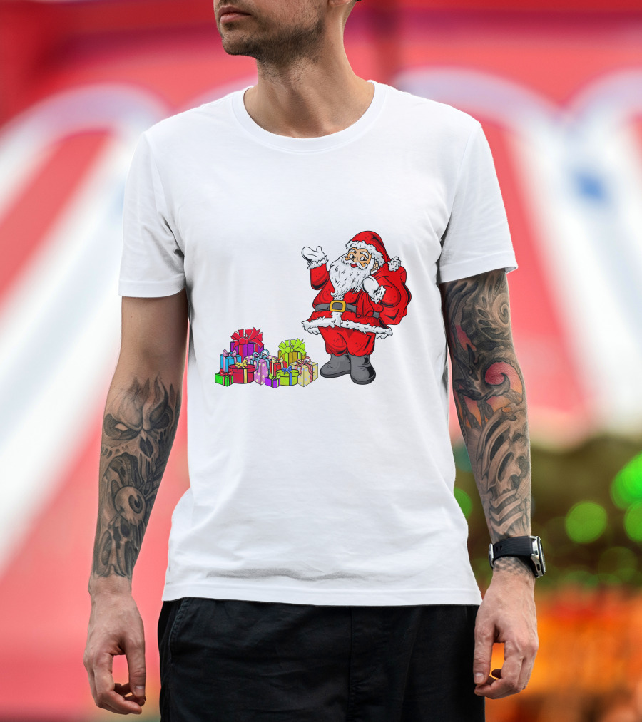 Santa Claus Joyfully Delivering Colorful Presents T-Shirt