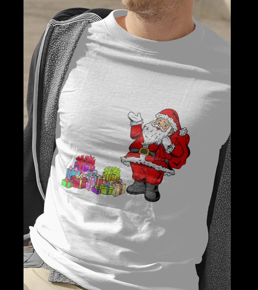 Santa Claus Joyfully Delivering Colorful Presents T-Shirt