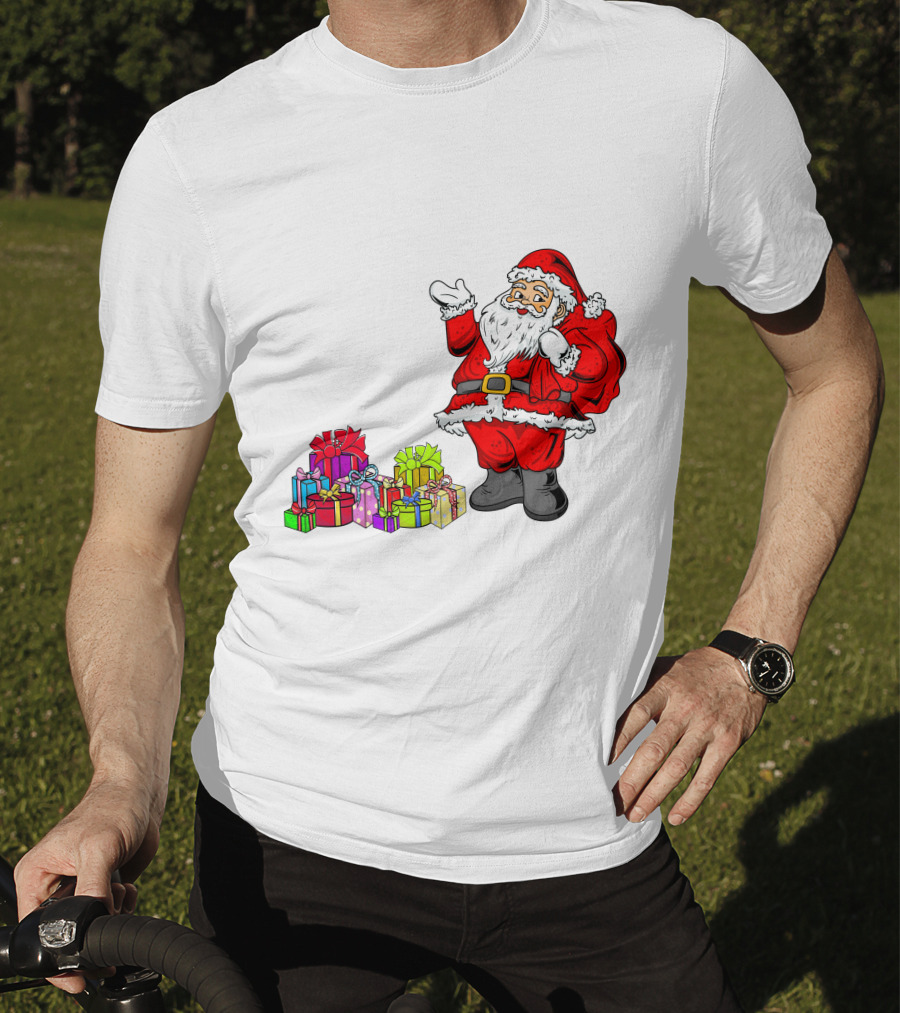 Santa Claus Joyfully Delivering Colorful Presents T-Shirt