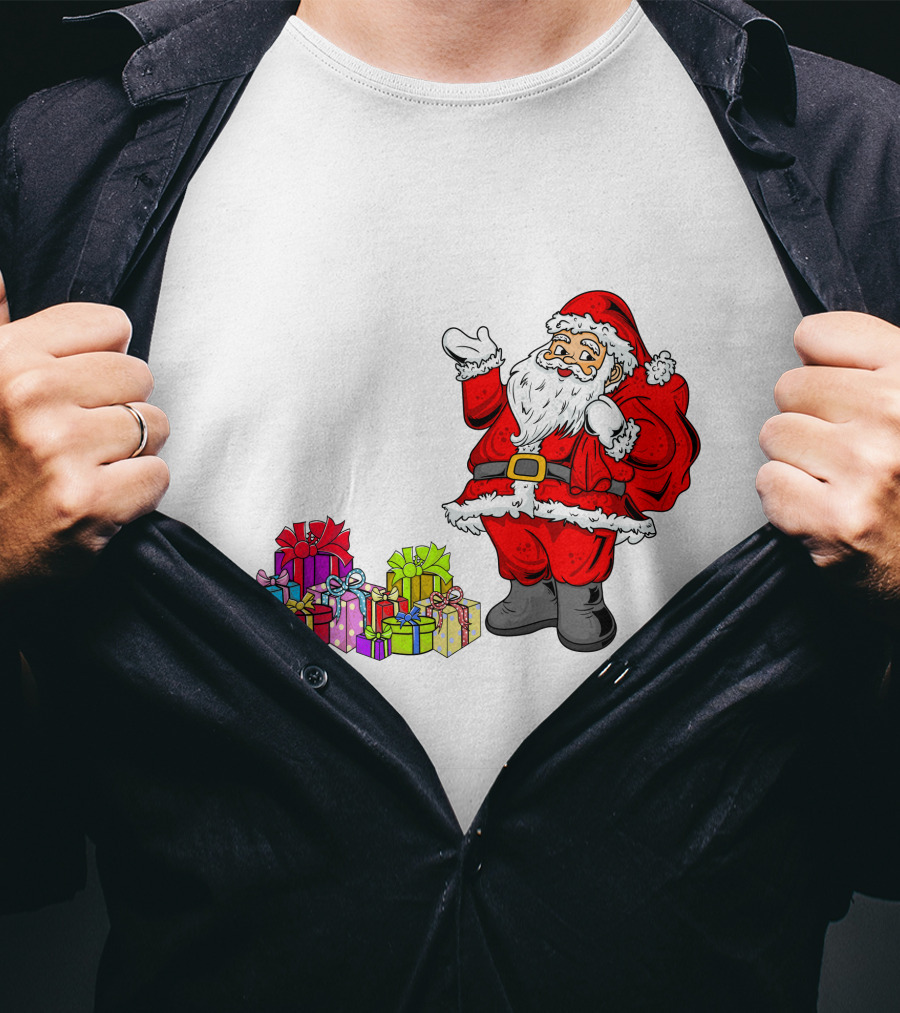 Santa Claus Joyfully Delivering Colorful Presents T-Shirt