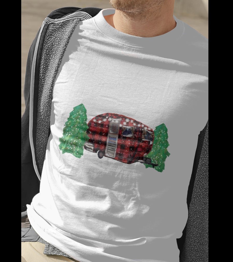 Watercolor Christmas Buffalo Plaid Camper With Trees T-Shirt
