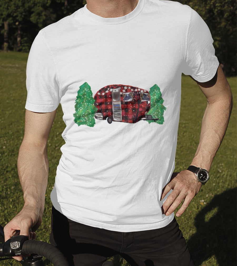 Watercolor Christmas Buffalo Plaid Camper With Trees T-Shirt