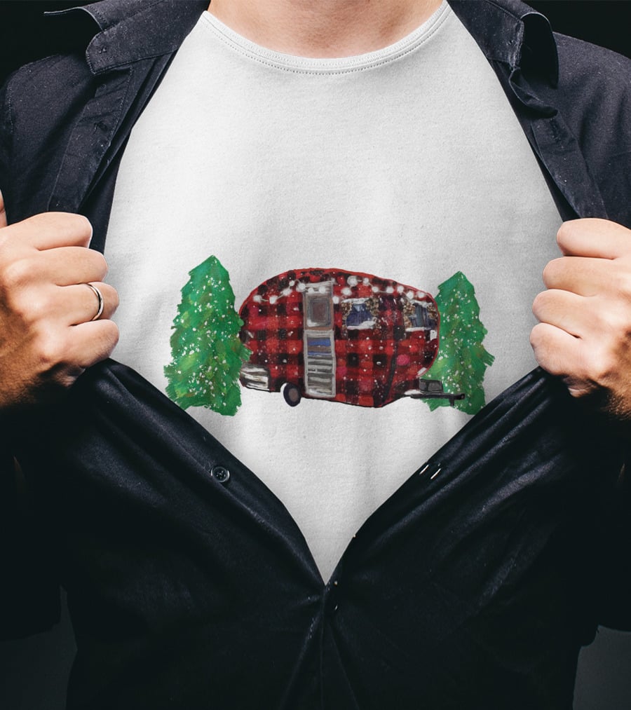 Watercolor Christmas Buffalo Plaid Camper With Trees T-Shirt