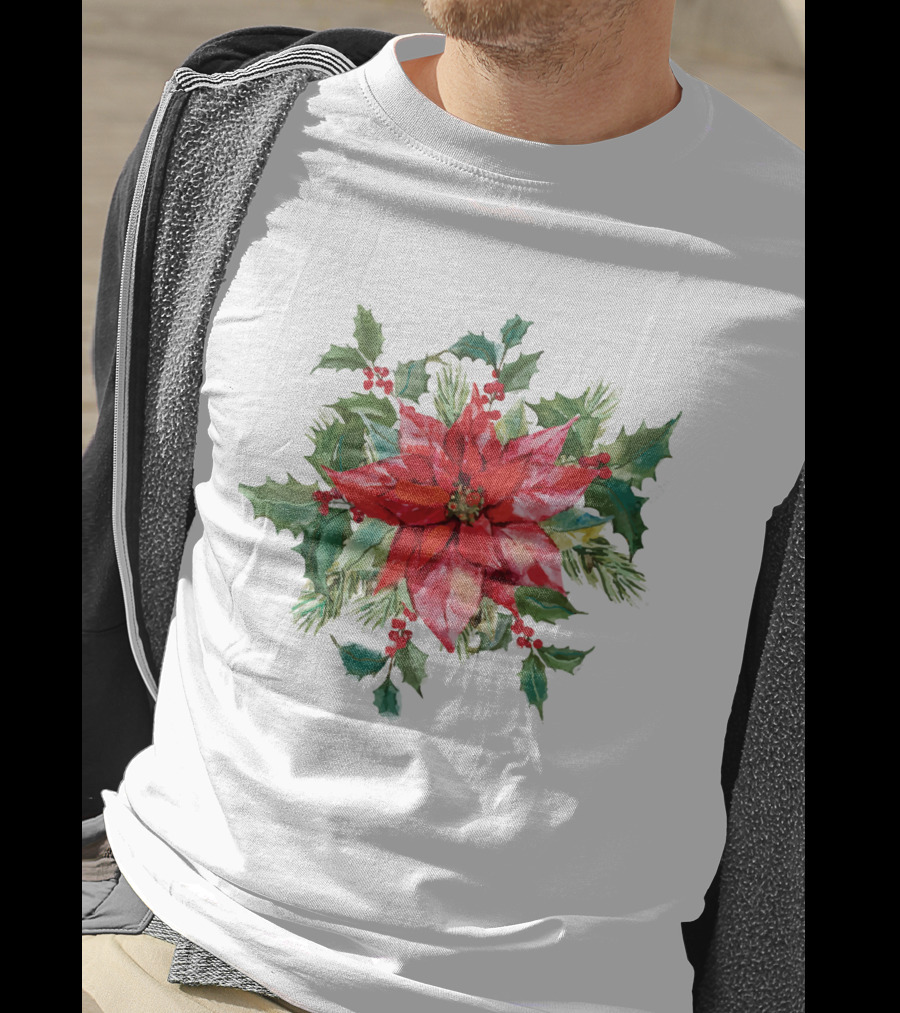 Watercolor Christmas Poinsettia With Holly Leaves And Berries T-Shirt