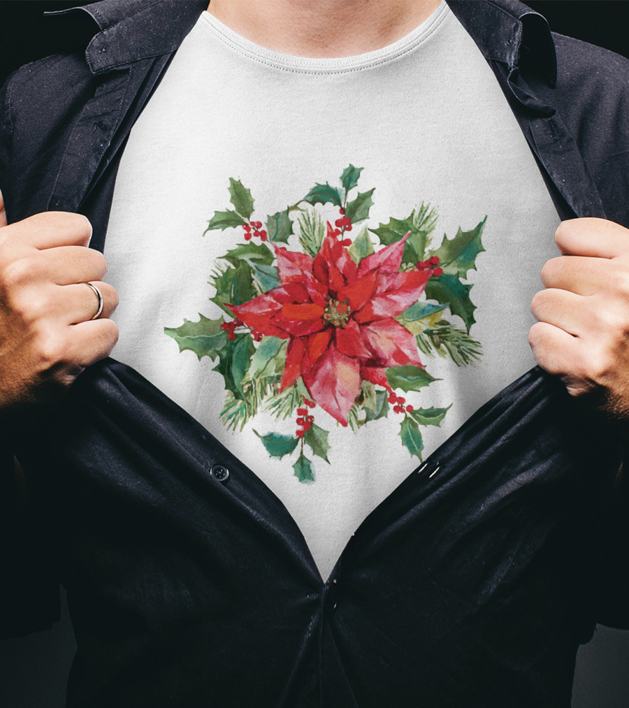 Watercolor Christmas Poinsettia With Holly Leaves And Berries T-Shirt