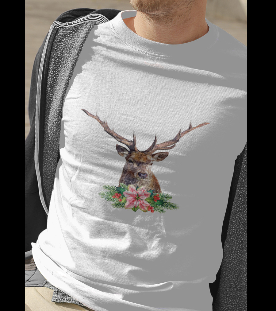Watercolor Christmas Reindeer With Poinsettia And Pine Branches T-Shirt