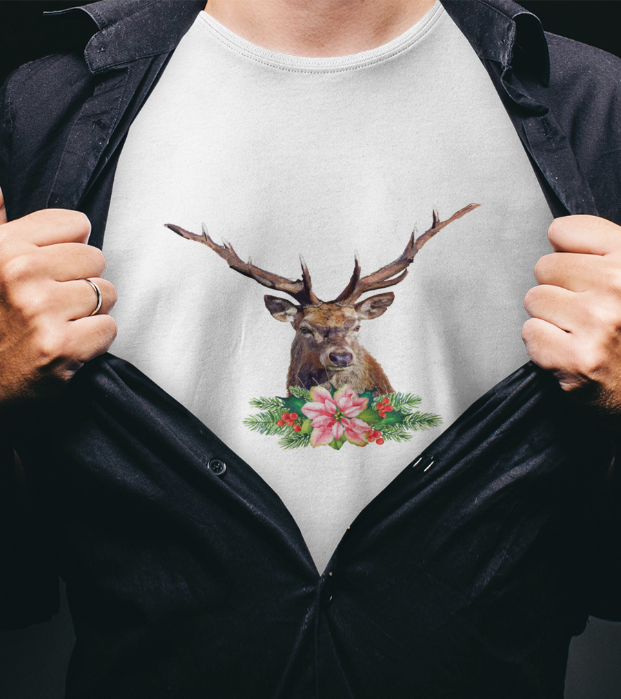 Watercolor Christmas Reindeer With Poinsettia And Pine Branches T-Shirt