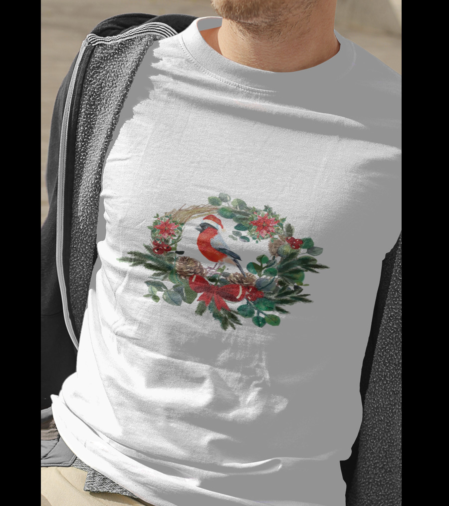 Watercolor Christmas Wreath With Bird And Holiday Decorations T-Shirt