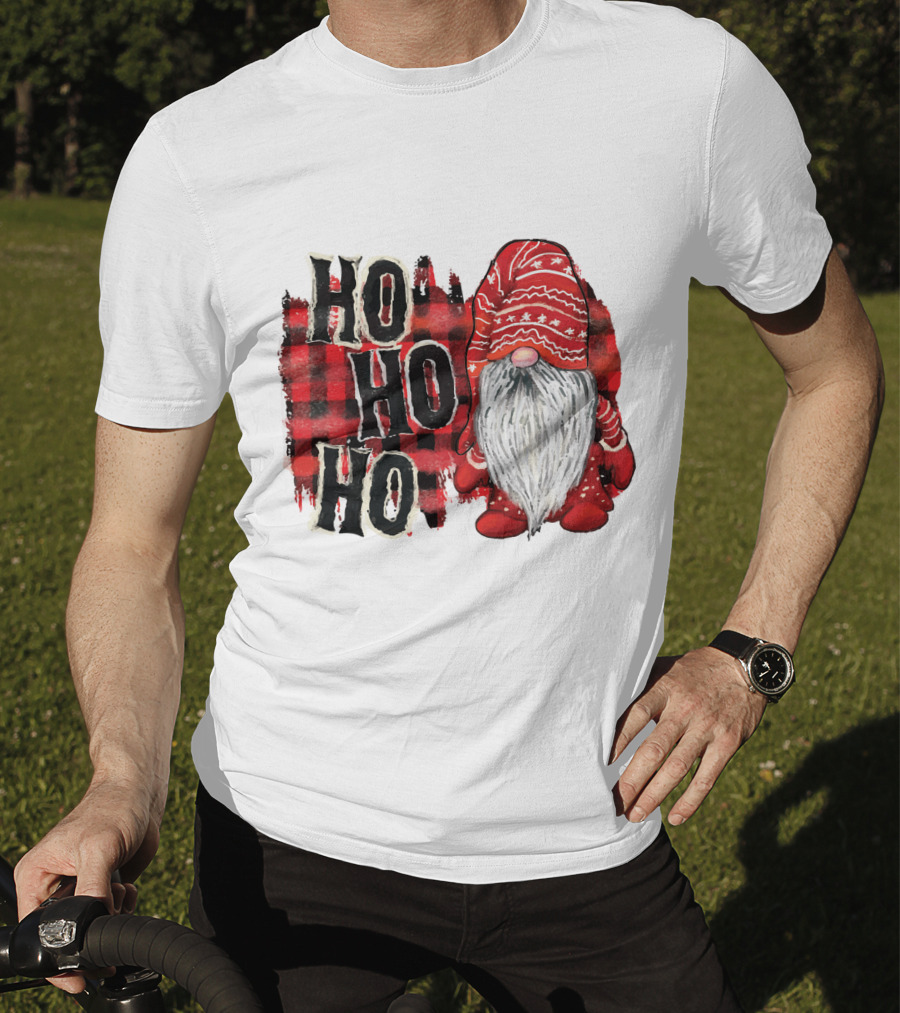 Watercolor Plaid Christmas Gnome Ho Ho Ho Red Holiday T-Shirt