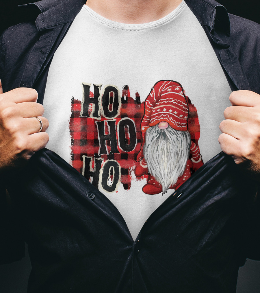 Watercolor Plaid Christmas Gnome Ho Ho Ho Red Holiday T-Shirt
