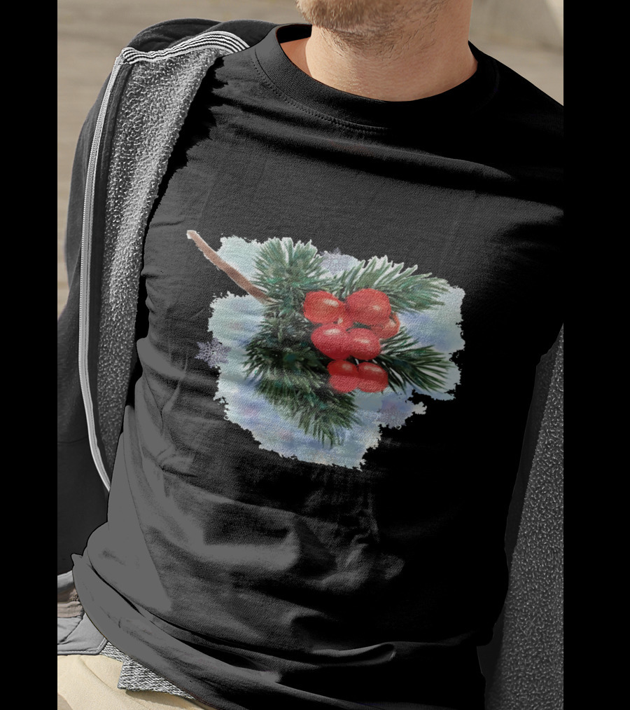 Watercolor Holiday Christmas Holly Berries Branch Pine Needles T-Shirt