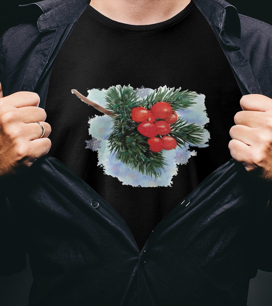 Watercolor Holiday Christmas Holly Berries Branch Pine Needles T-Shirt
