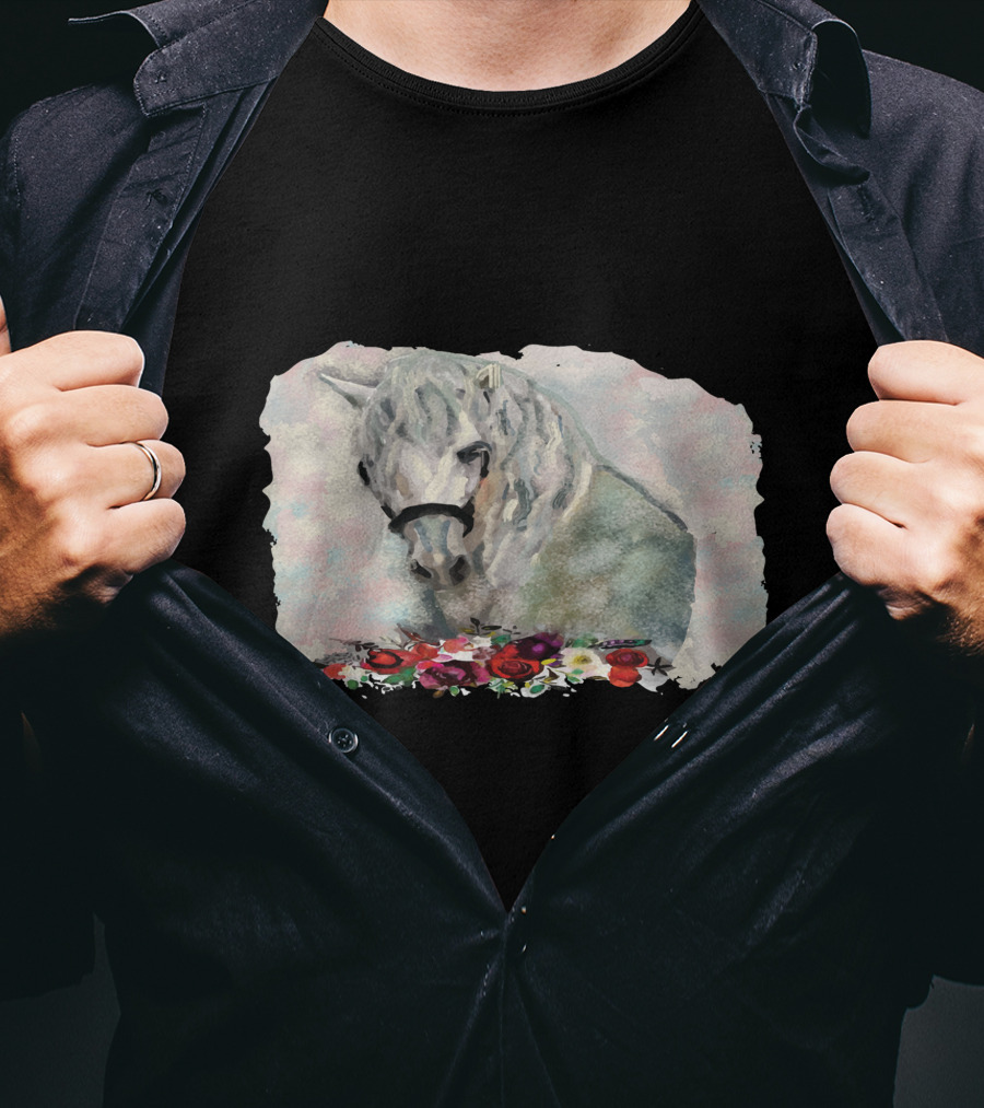 Watercolor White Horse With Floral Accents T-Shirt