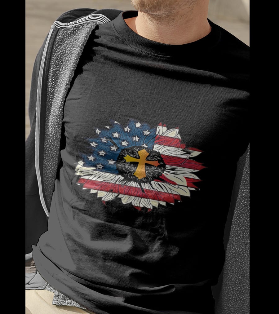 American Flag Cross Floral Design Sunflower Center T-Shirt