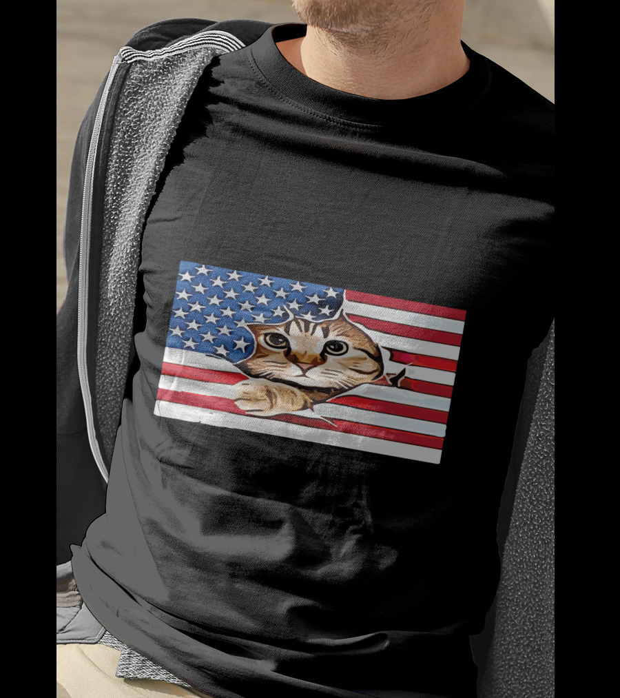 Cat Peeking Through American Flag T-Shirt