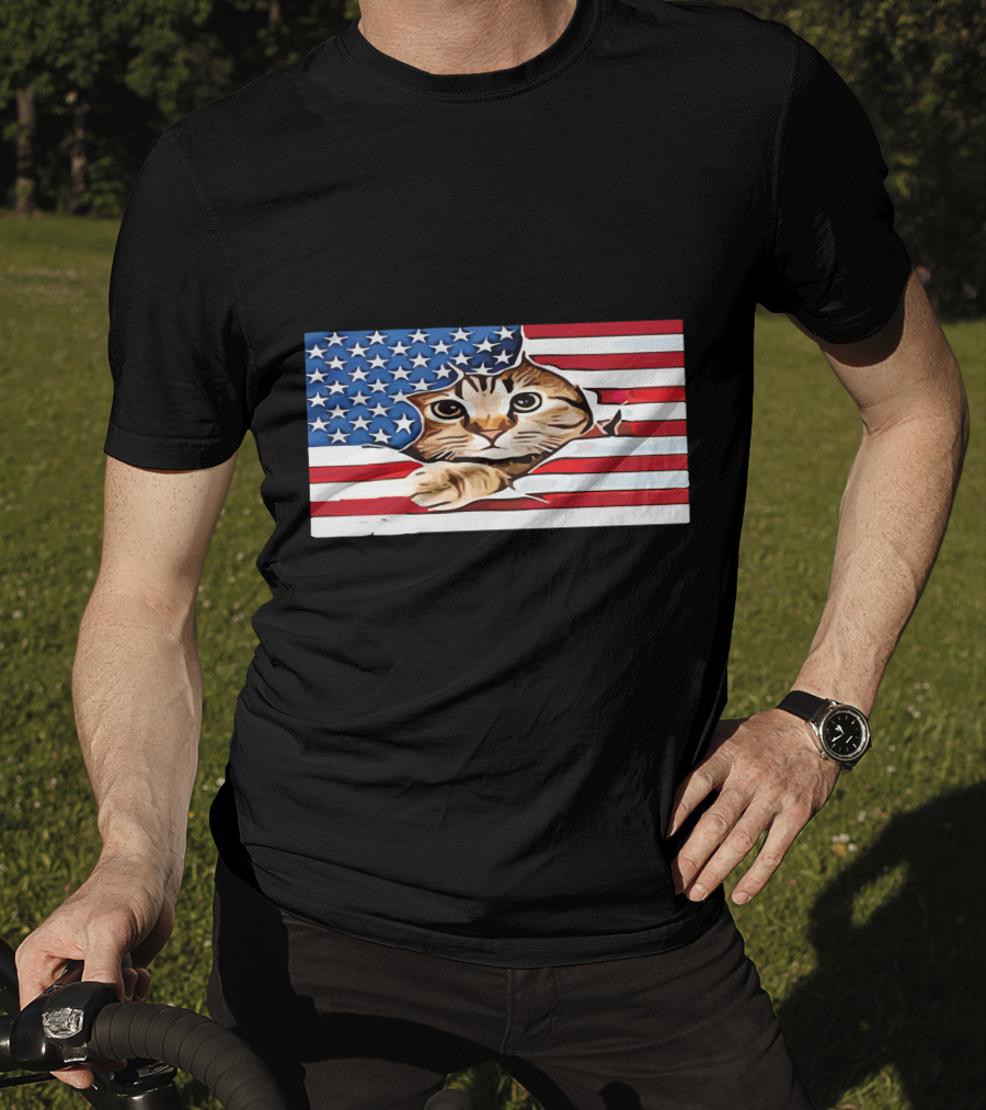 Cat Peeking Through American Flag T-Shirt