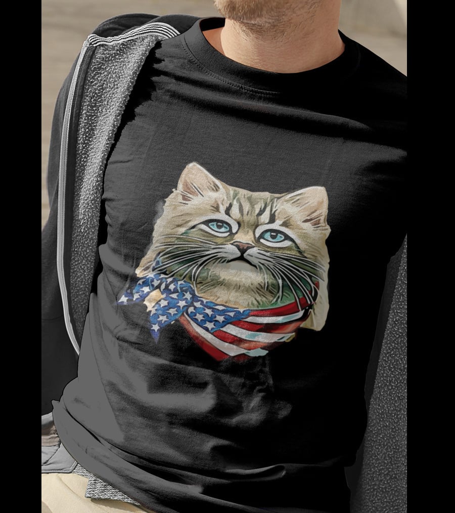 Fluffy Cat Wearing Stars And Stripes Flag Bandana T-Shirt