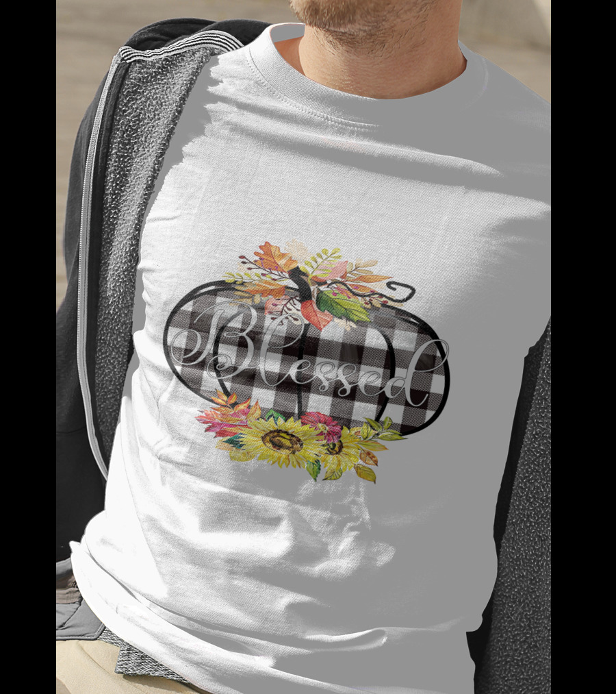 Blessed Buffalo Plaid Pumpkin With Sunflowers And Autumn Leaves T-Shirt