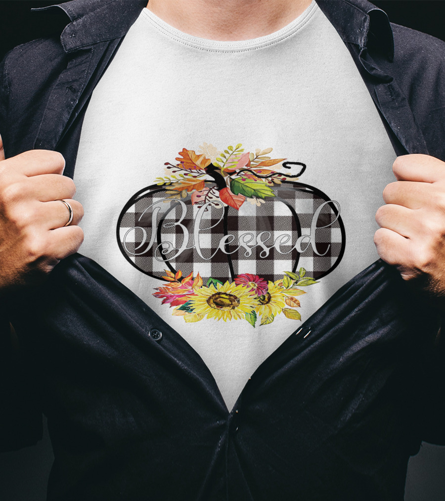 Blessed Buffalo Plaid Pumpkin With Sunflowers And Autumn Leaves T-Shirt