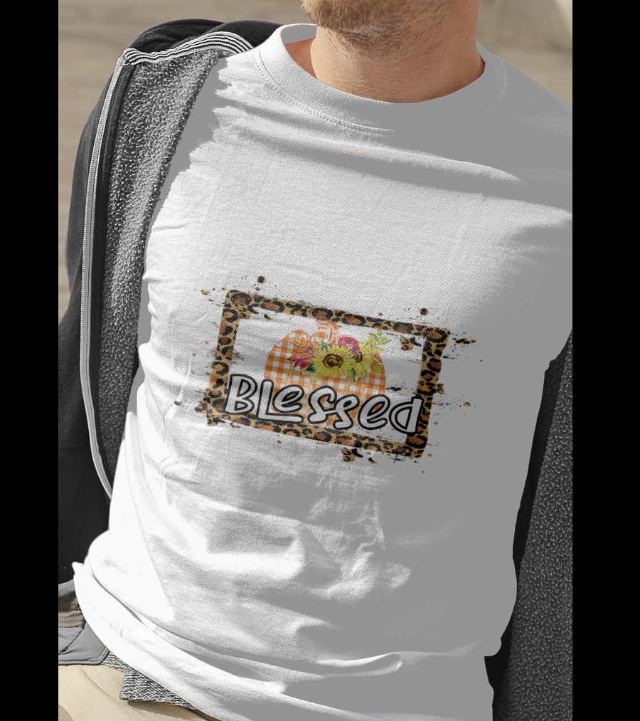 Blessed Leopard Frame Plaid Pumpkin Sunflowers T-Shirt