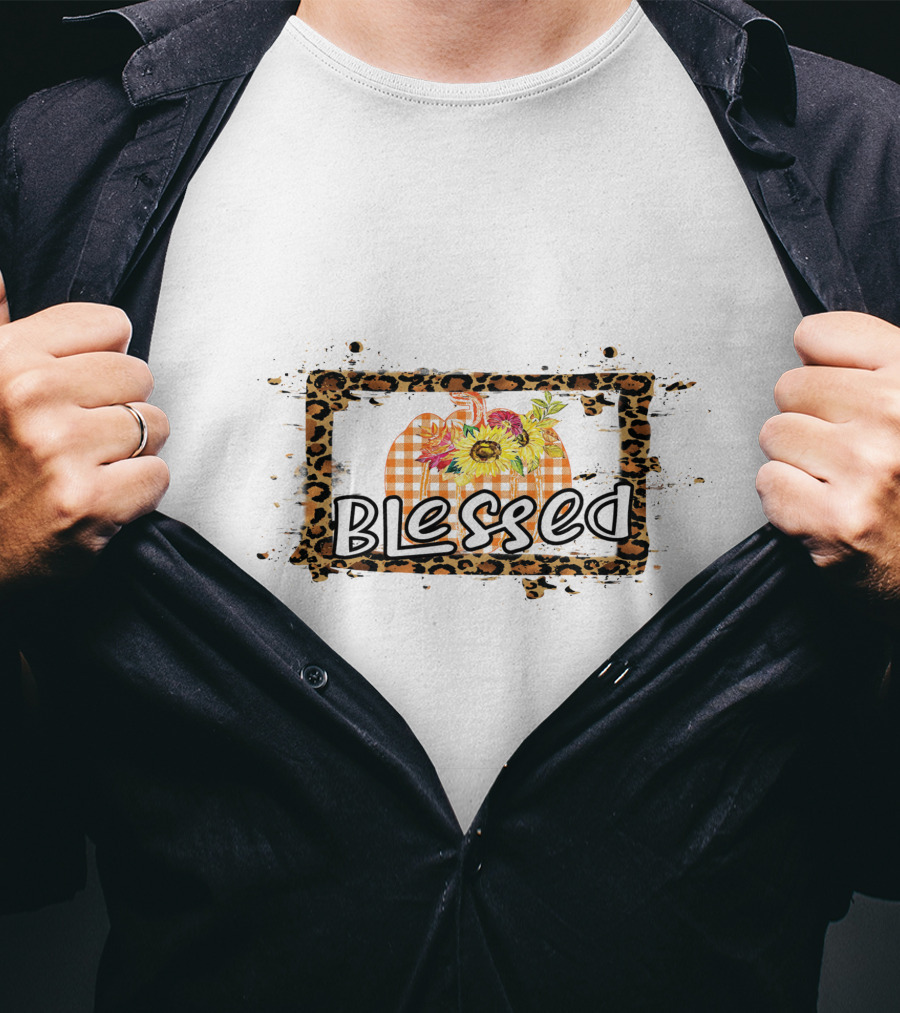 Blessed Leopard Frame Plaid Pumpkin Sunflowers T-Shirt