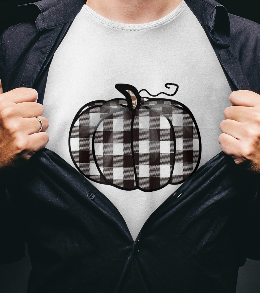 Buffalo Plaid Checkered Pumpkin White T-Shirt