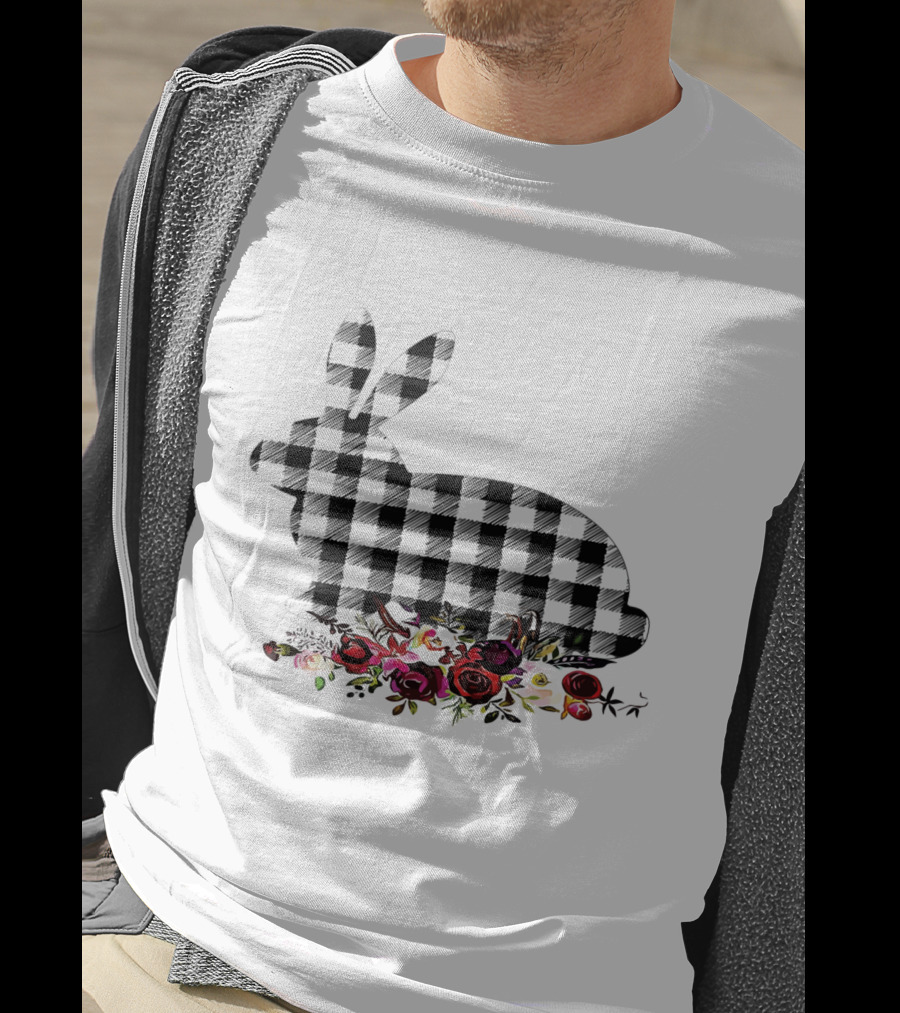 Bunny Black White Plaid Floral Roses T-Shirt