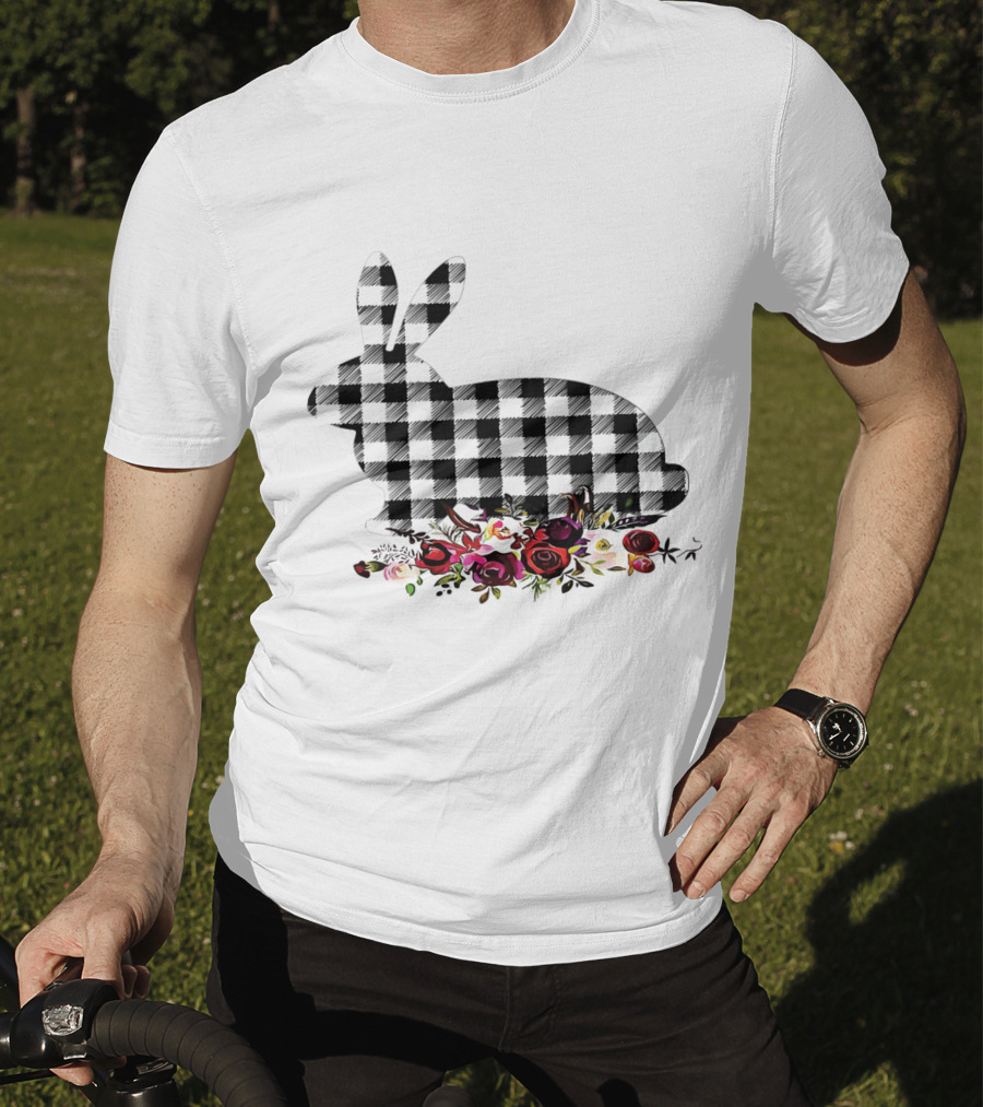Bunny Black White Plaid Floral Roses T-Shirt