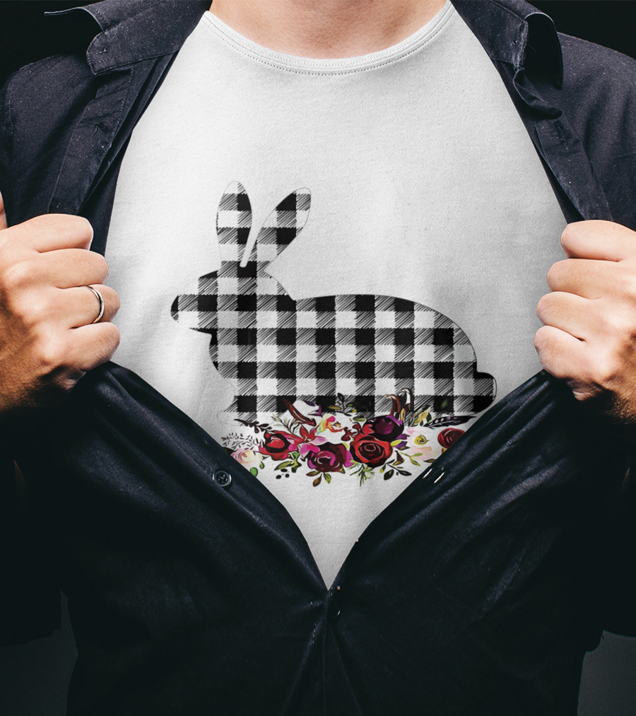 Bunny Black White Plaid Floral Roses T-Shirt