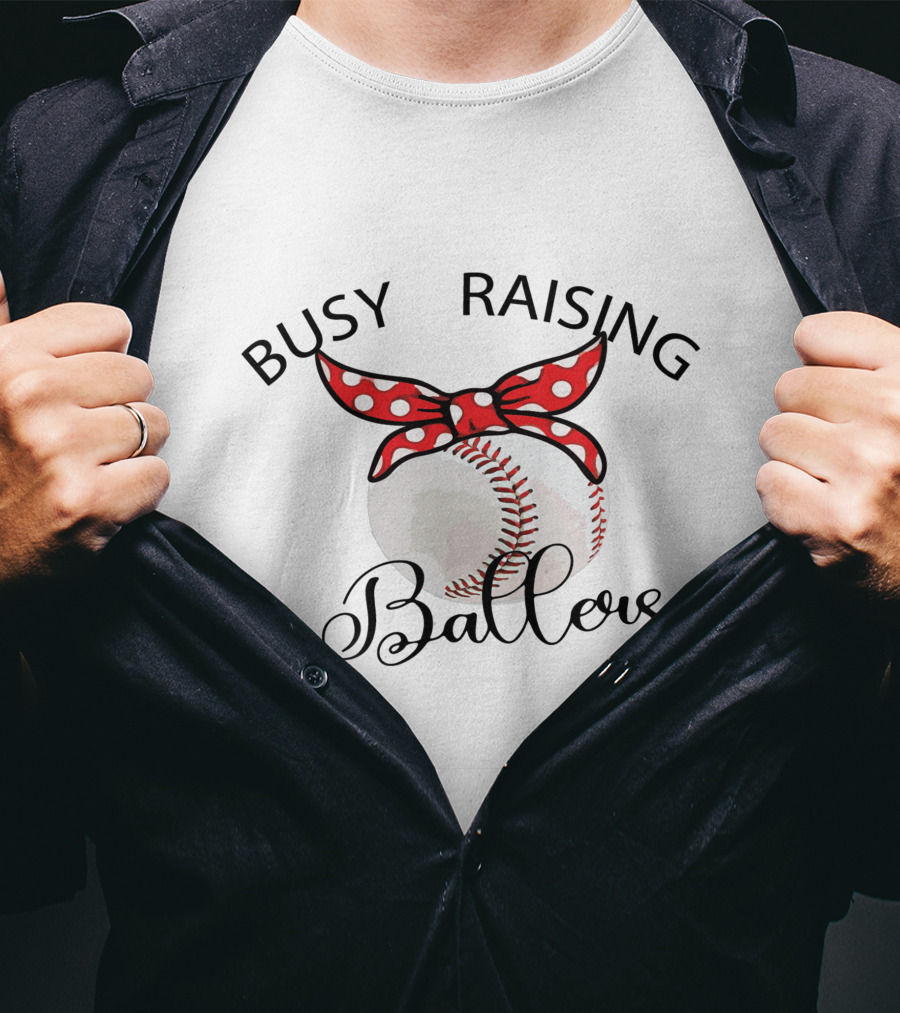 Busy Raising Ballers Baseball Red Bow T-Shirt