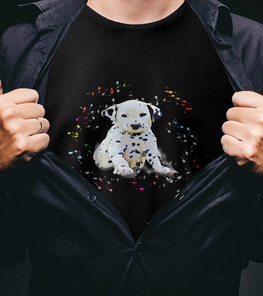 Dalmatian Puppy Surrounded By Splashes Of Colorful Snow T-Shirt