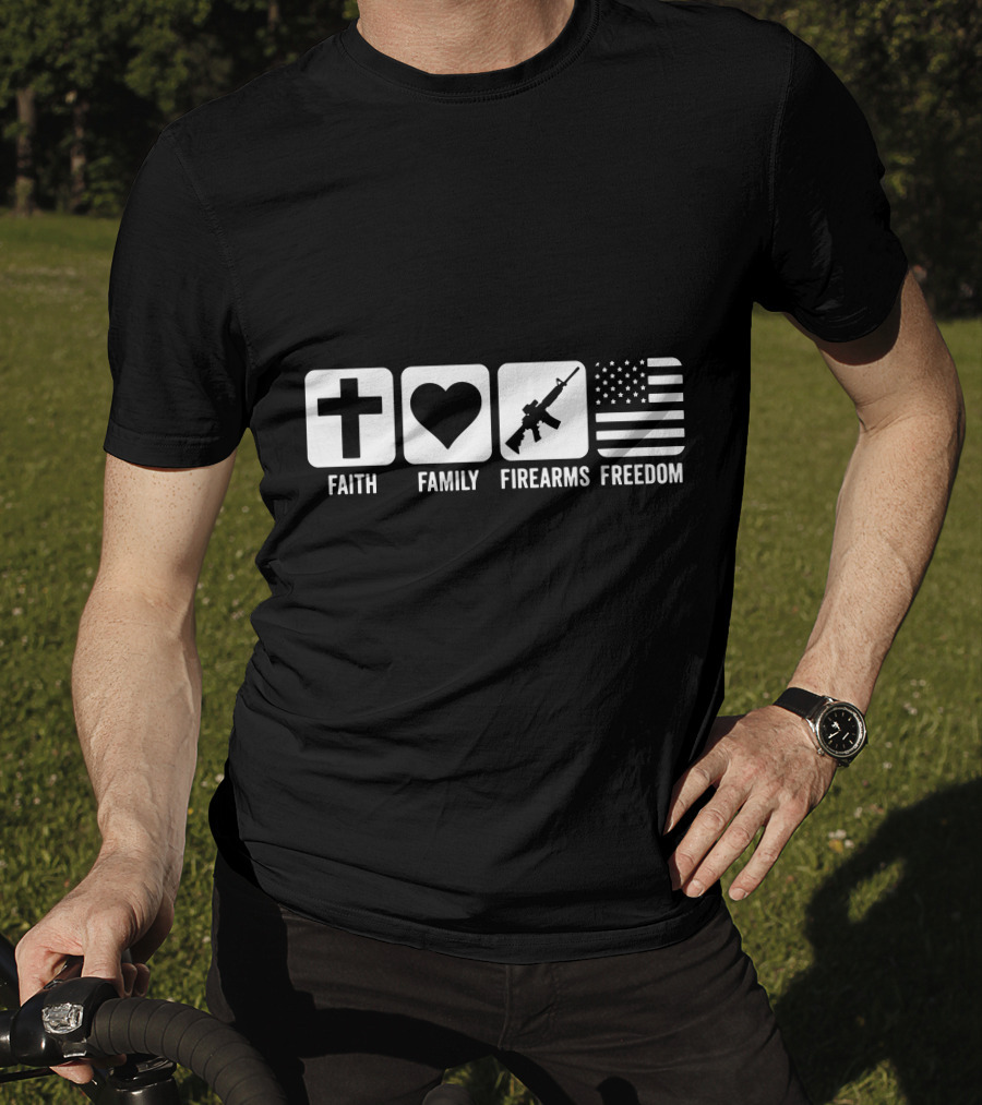 Faith Family Firearms And Freedom Cross Heart Rifle American Flag T-Shirt