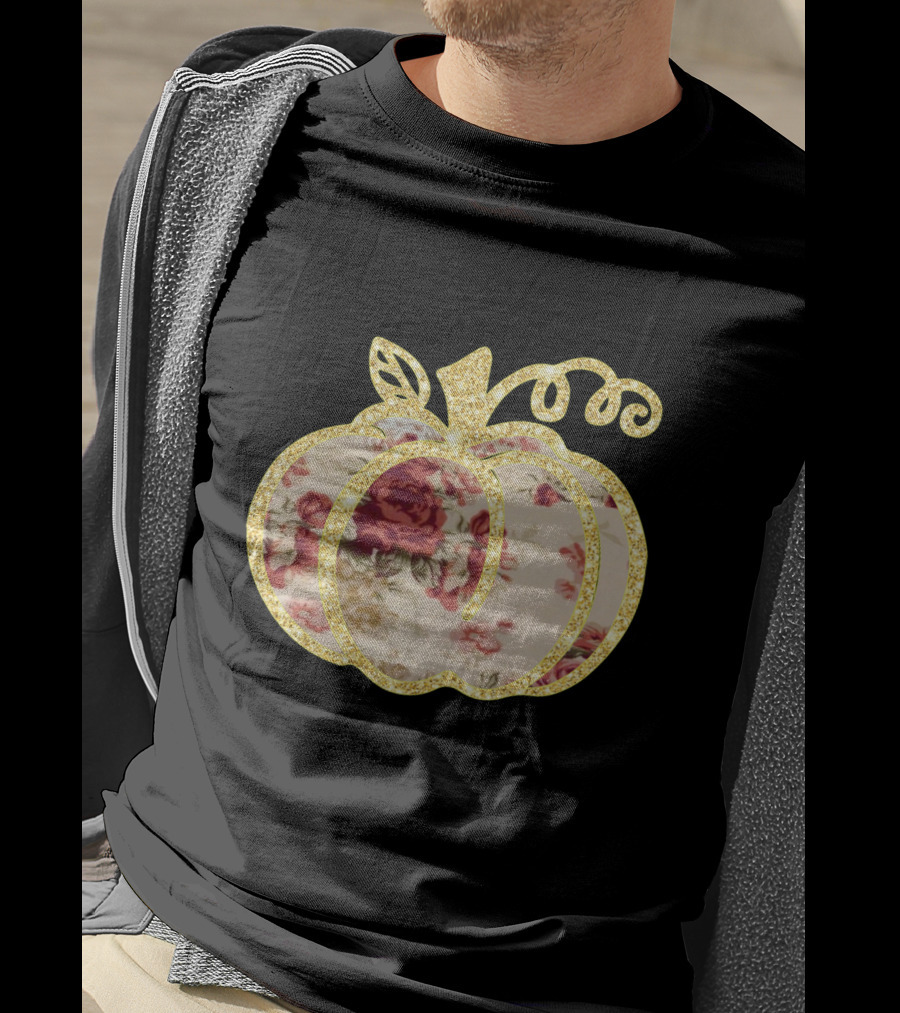 Glitter Floral Pumpkin Gold Trim T-Shirt