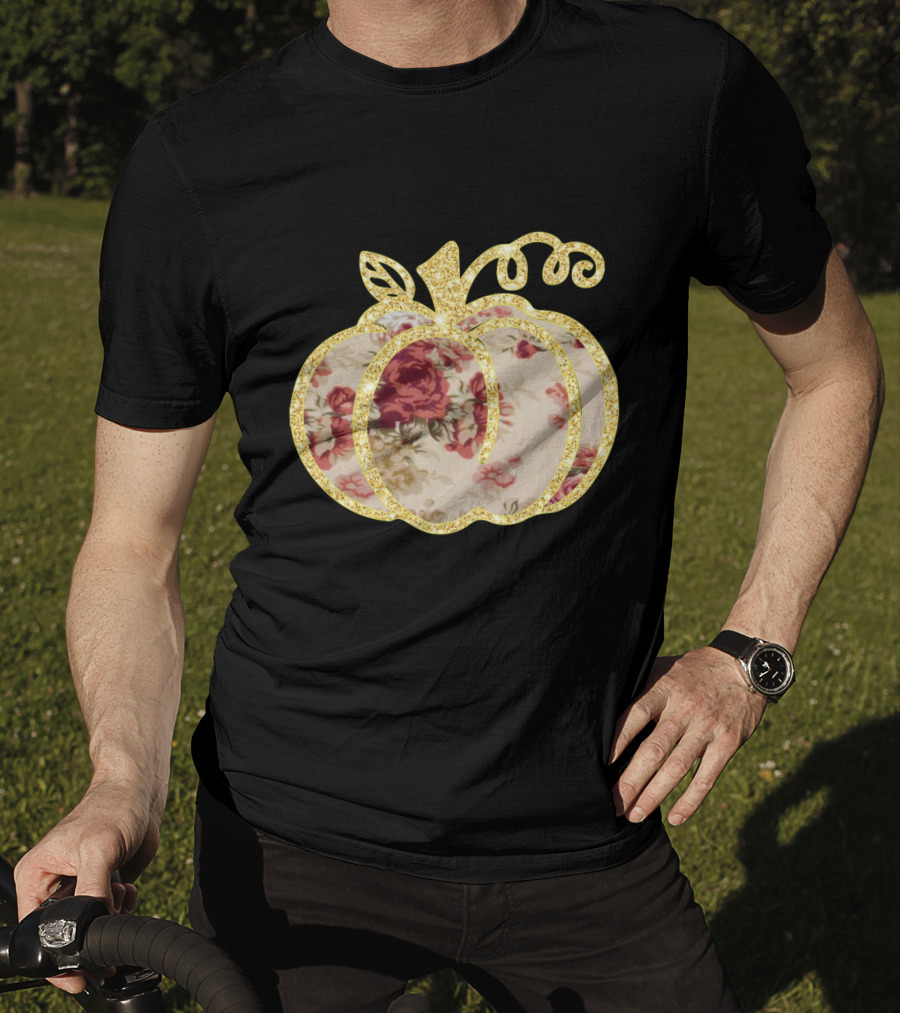 Glitter Floral Pumpkin Gold Trim T-Shirt