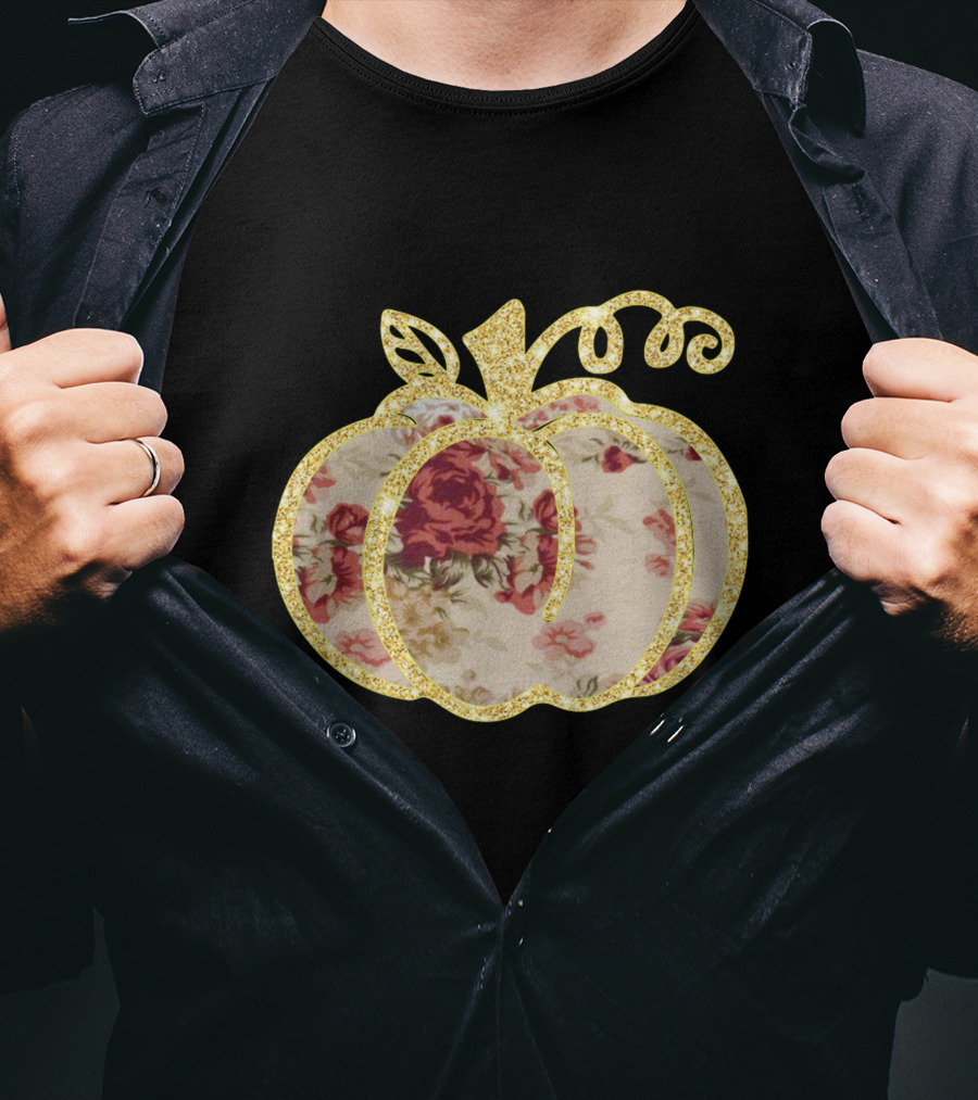 Glitter Floral Pumpkin Gold Trim T-Shirt