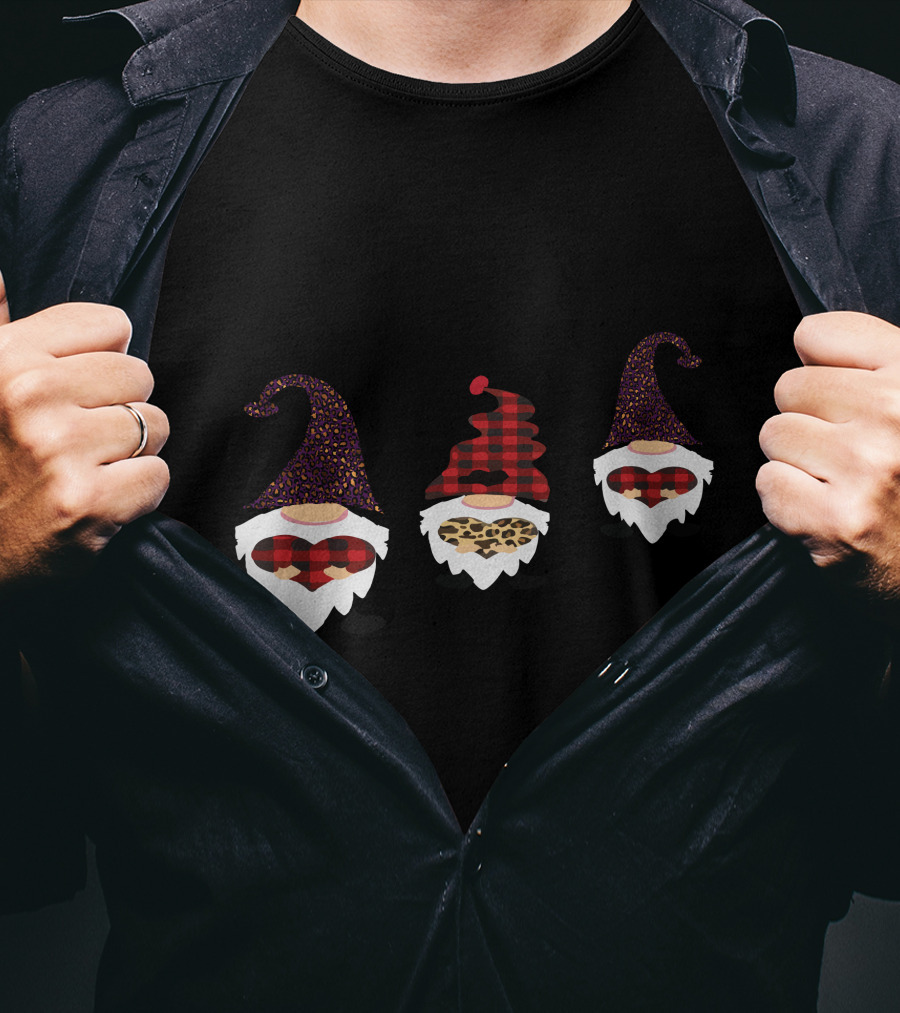 Valentine's Day Love Gnomes With Plaid And Leopard Hearts T-Shirt