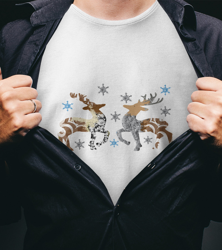 Christmas Reindeer Stone Snowflakes Brown And Silver T-Shirt