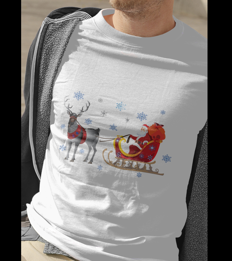Christmas Santa With Reindeer And Sleigh Surrounded By Snowflakes T-Shirt