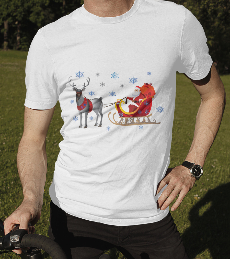 Christmas Santa With Reindeer And Sleigh Surrounded By Snowflakes T-Shirt