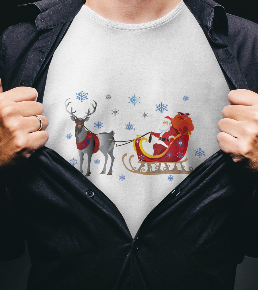 Christmas Santa With Reindeer And Sleigh Surrounded By Snowflakes T-Shirt