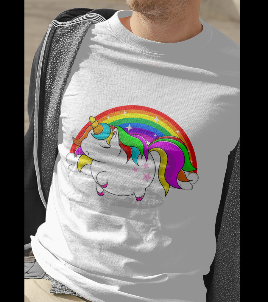 Cute Fat Unicorn With Rainbow Mane And Stars T-Shirt