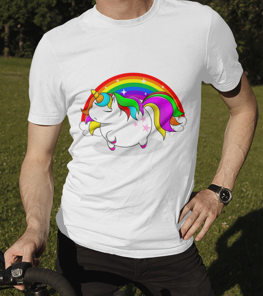 Cute Fat Unicorn With Rainbow Mane And Stars T-Shirt